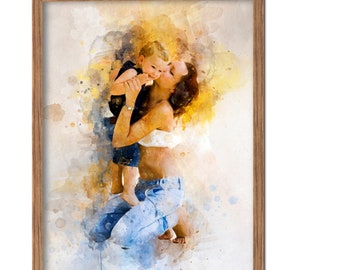 Custom watercolour portrait from photo canvas print, gift for mom, mothers day gift for mom mummy, best gift for mother, gift from husband