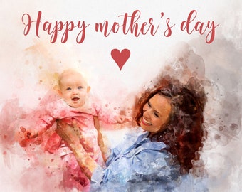 watercolour portrait from photo, Mothers day gift for mom, gift for boyfriend mom, gift for friend mom, gift for partner mom, gift from son