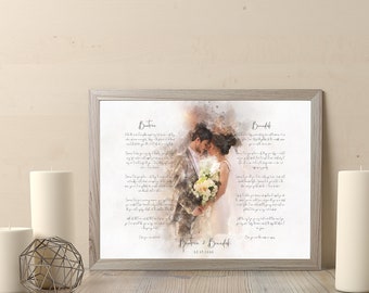Fast gift my husband, personalised gift for my wife, custom portrait and vow, watercolour portrait and vow art, couple portrait and vow art