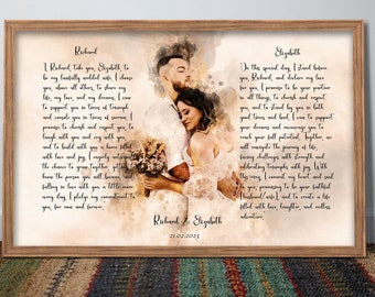 Couple portrait and canvas vows gift for 1 year anniversary vows gift for husband, Custom wedding Vows art, His and Her Vows,Vow art print