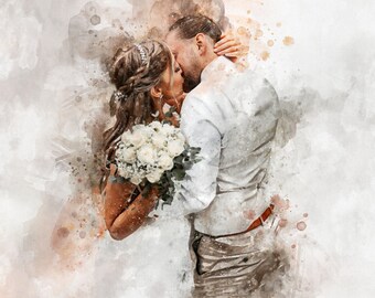 Retrato de acuarela de aniversario de bodas, decoración de bodas en acuarela, ideas para regalos de boda, ilustración de vestido de acuarela, retrato de pareja personalizado