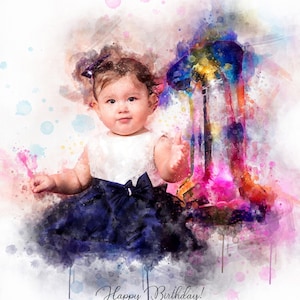 first birthday gift for baby,Watercolor,Custom Baby Portrait from Picture,granddaughter first birthday gift,godson,1st birthday,decoration