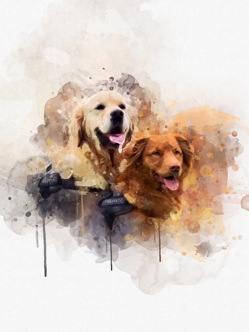 May include: Watercolor painting of two dogs, a golden retriever and a brown dog, with their names "Arlo" and "Henry" written below them.