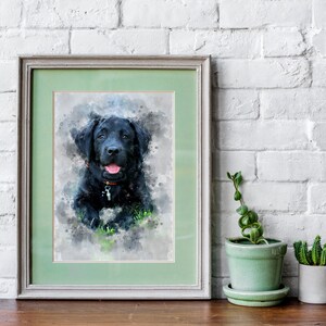 May include: A watercolor painting of a black Labrador Retriever puppy with a green background. The puppy is looking directly at the camera with its tongue sticking out.