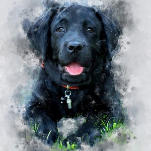 May include: A black Labrador Retriever puppy with a red collar and a silver tag, sitting in green grass with a watercolor background. The dog is looking at the camera with its tongue sticking out. The name "Oscar" is written in black cursive below the dog.