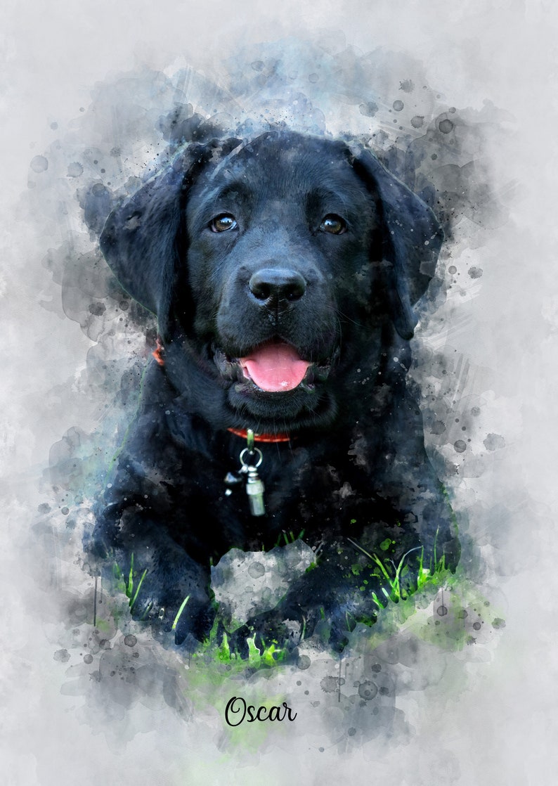 May include: A black Labrador Retriever puppy with a red collar and a silver tag, sitting in green grass with a watercolor background. The dog is looking at the camera with its tongue sticking out. The name "Oscar" is written in black cursive below the dog.
