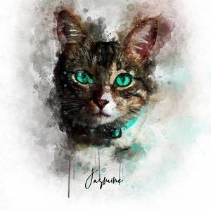 May include: A watercolor painting of a cat with green eyes. The cat is looking directly at the viewer. The background is a soft blue and gray watercolor wash. The cat's name, "Jasmine", is written in cursive below the cat.