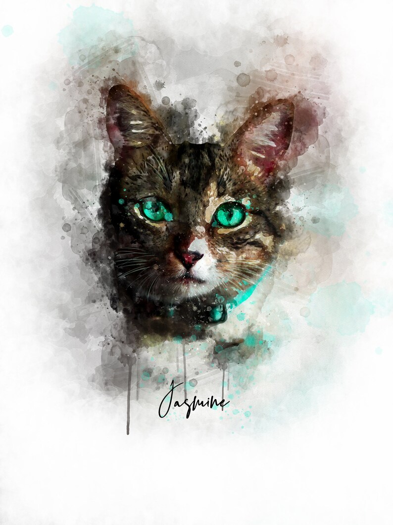May include: A watercolor painting of a cat with green eyes. The cat is looking directly at the viewer. The background is a soft blue and gray watercolor wash. The cat's name, "Jasmine", is written in cursive below the cat.