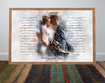 Super gifts under 10 dollars Vows and couple portrait, His and Her Vows, unique wedding vows, Vow Renewal, Portrait and Vow art canvas print