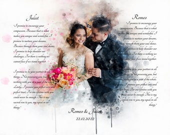 Fast vow gift my husband personalised wedding vow art custom portrait from photo and vows, vow print, Watercolour Portrait and vows, vow art
