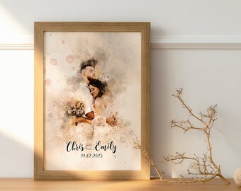 Fast gift my husband,personalised gift for my partner,custom portrait from photo art, wedding photo print, Personalized Watercolor Portrait