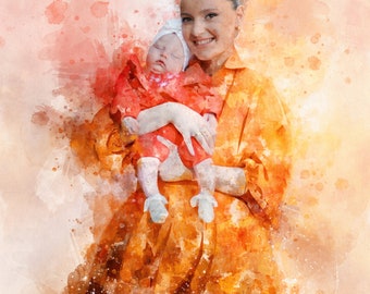 Mother day gift personalized watercolor,gift for mom, Family portrait,gift for mother from daughter, portrait from photo, gift for daughter