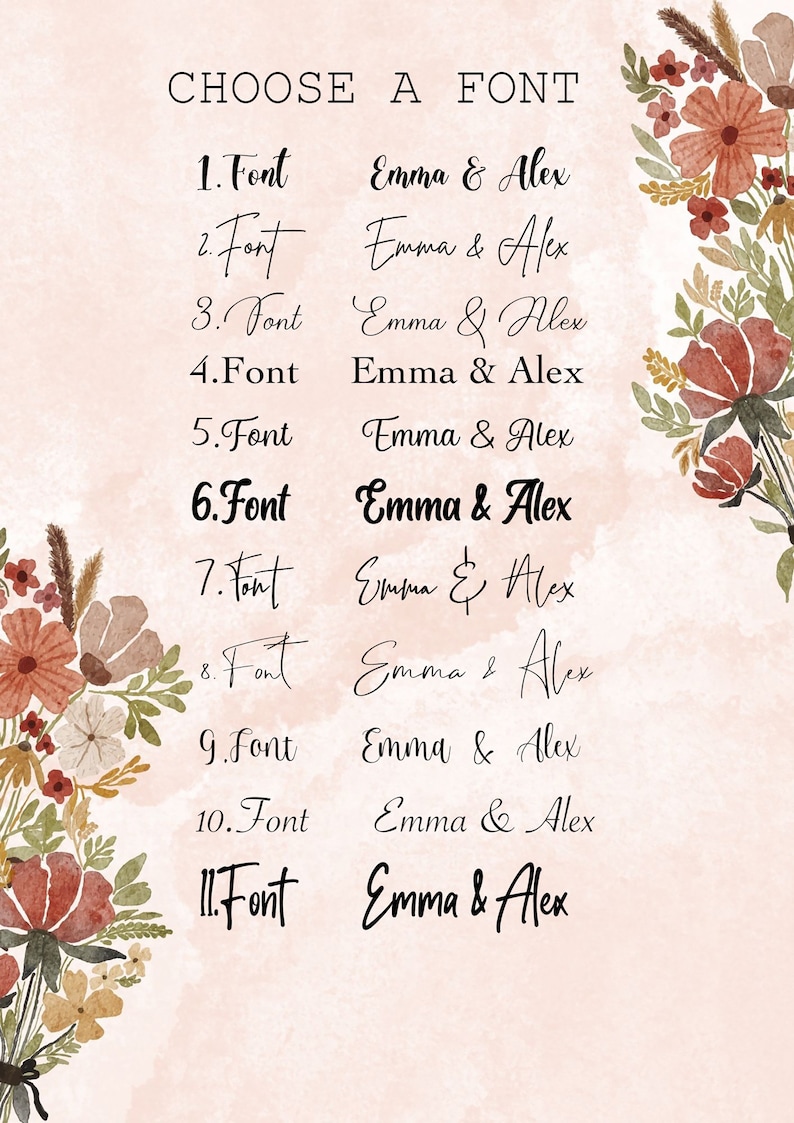 May include: A list of 11 different fonts with the text "Emma & Alex" written in each font. The fonts are numbered 1 through 11. The background is a light pink with a floral design.