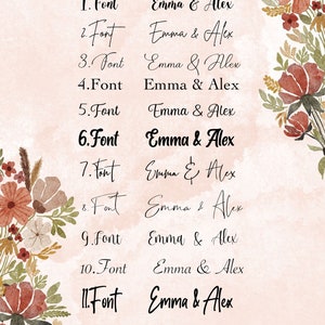 May include: A list of 11 different fonts with the text "Emma & Alex" written in each font. The background is a light pink with a floral design.
