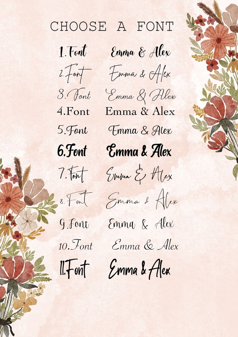 May include: A list of 11 different fonts with the text "Emma & Alex" written in each font. The background is a light pink with a floral design.
