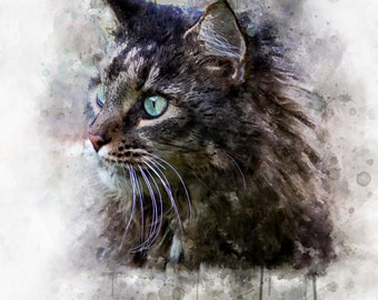 Personalised Watercolour cat Portrait Painting print  from Photo,cat loss,Cat Lover,Custom Cat Pet Memorial Gift, Gift for Cat Mom/Dad/grand