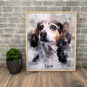 May include: Watercolor painting of a dog with brown, black, and white fur. The dog is looking up with its mouth closed. The painting has a light blue background with white splatters of paint. The dog's name, "Oscar", is written in black at the bottom of the painting.