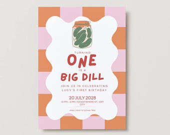 One Big Dill-verjaardagsuitnodiging, roze en oranje ontwerp (digitale download)