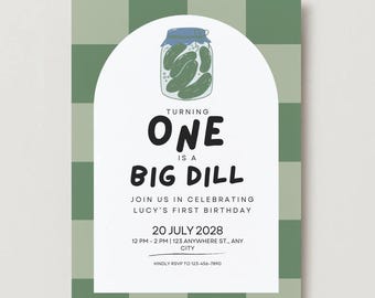 Inbjudan till födelsedag med en stor dill, grön och blå design (digital nedladdning)