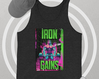 Iron Gains Weightlifting Tank Top: Neon Cyberpunk Gym Style