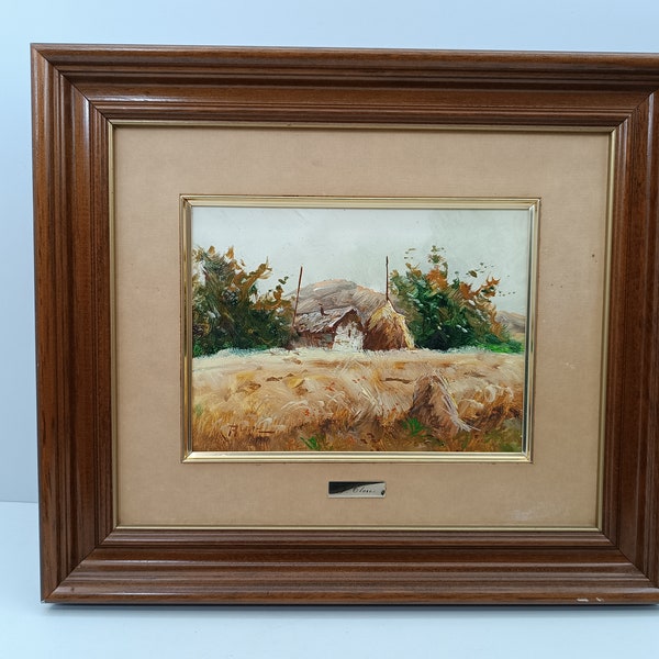 Vintage Oil Painting Hut on Canvas Hand Painted Wood Frame