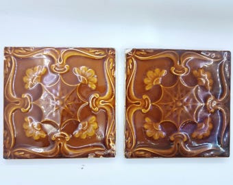 Antique Portuguese relief Tile flower, brown glaze, ceramic Portugal Lisbon