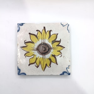 Antique Portuguese Tile 18th century, ceramic tiles yellow flower, sunflower hand painted