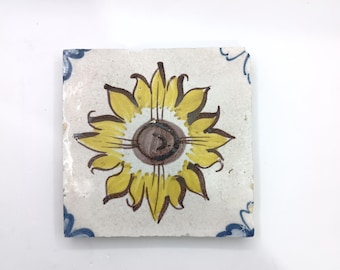 Antique Portuguese Tile 18th century, ceramic tiles yellow flower, sunflower hand painted