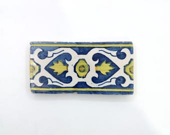 Antique Portuguese Tile bar, hand painted blue yellow ceramic tiles