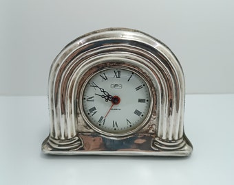 Vintage Sterling Silver Table Clock in Wood, Columns / 13gr Silver 925