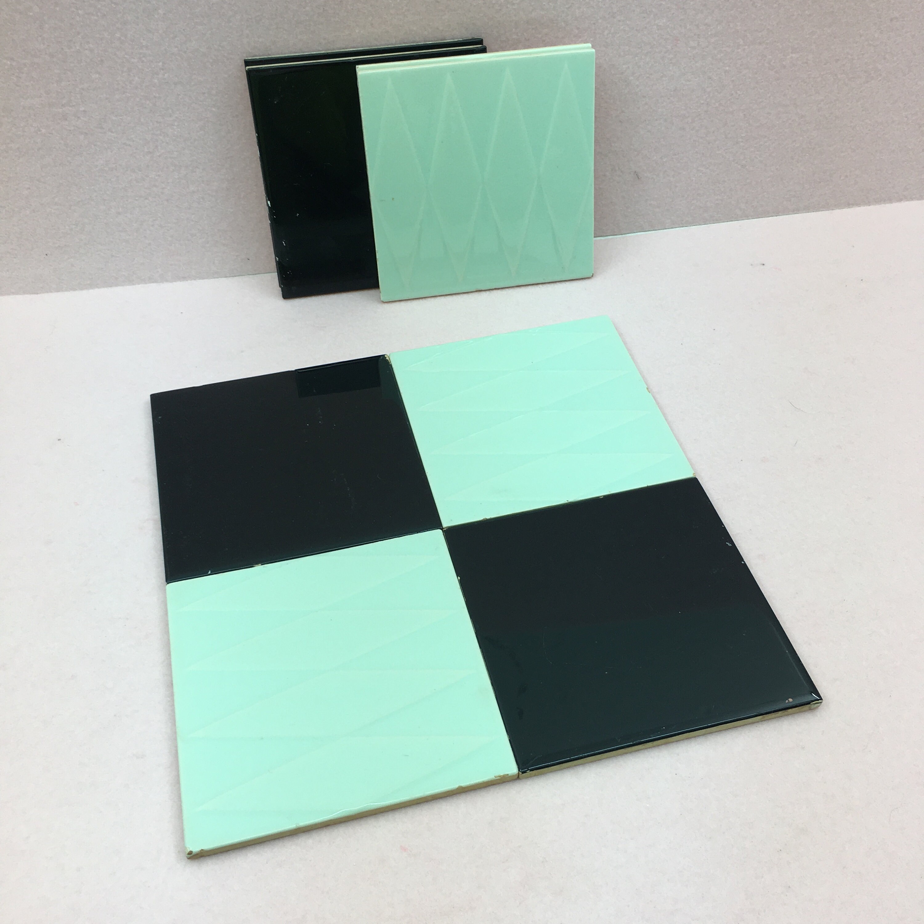 Vintage Portuguese Geometric relief Tiles panel (4) Black & Green, Original from an old kitchen house, Salvage tile
