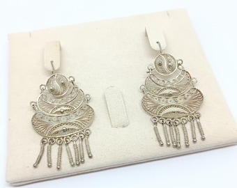 Vintage 60s Portuguese Filigree Silver Earrings | Handmade 925 Sterling Silver Viana Style Dangle Earrings