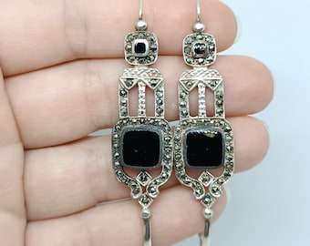 Vintage Art Deco Style Sterling Silver and Black Onyx Marcasite Drop Earrings