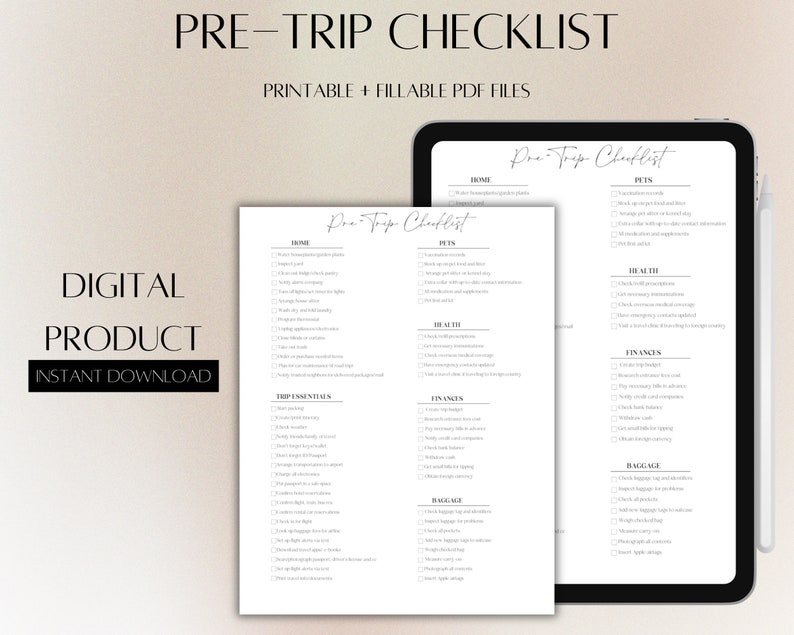 Pre Trip Checklist, Pre Travel List, Printable Pre Trip Checklist ...