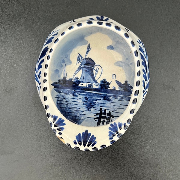 1960s VINTAGE DELFT- Hand Painted Porcelain Flat Cap Dutch Trinket Dish- Delft Holland Elesva Design- Blue And White Windmill Pattern