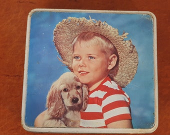 VINTAGE TINS - Boy with dog cocker spaniel, biscuit tin,  Burton's gold medal