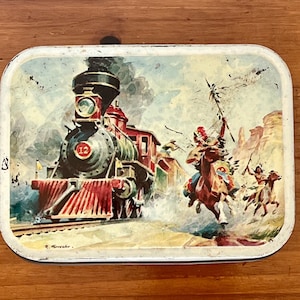 1950s Vintage BLUE BIRD CONFECTIONERY Toffee Tin- Indians and Steam Train Wild West Scene- Huntington Halesowen Worcestershire England