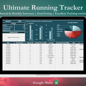 Rastreador de corrida para planilhas do Google Rastreador de exercícios Planilha Registro de condicionamento físico e rastreador para metas de condicionamento físico Perda de peso Rastreador de metas de maratona