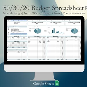 May include: A computer screen displaying a Google Sheets spreadsheet titled "50/30/20 Budget Spreadsheet PLUS". The spreadsheet is designed to help users track their monthly budget, including needs, wants, and savings. The spreadsheet includes charts and a transaction tracker.