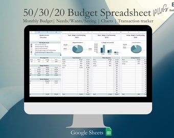 Puede incluir: Una pantalla de ordenador que muestra una hoja de cálculo de Google Sheets titulada "50/30/20 Budget Spreadsheet PLUS". La hoja de cálculo está diseñada para ayudar a los usuarios a realizar un seguimiento de su presupuesto mensual, incluyendo necesidades, deseos y ahorros. La hoja de cálculo incluye gráficos y un rastreador de transacciones.