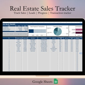 May include: A Google Sheets spreadsheet on a laptop screen titled "2023 Sales Tracker". The spreadsheet tracks real estate sales, leads, progress, and transactions. It includes columns for client name, property address, lead source, transaction type, sale price, commission rate, and total gross commission.