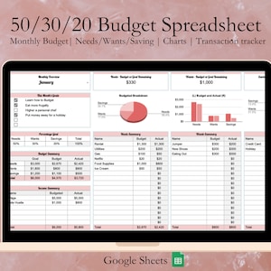 May include: A screenshot of a Google Sheets spreadsheet with a 50/30/20 budget template. The spreadsheet is titled "50/30/20 Budget Spreadsheet" and includes sections for monthly budget, needs, wants, savings, charts, and a transaction tracker. The spreadsheet is for the month of January.