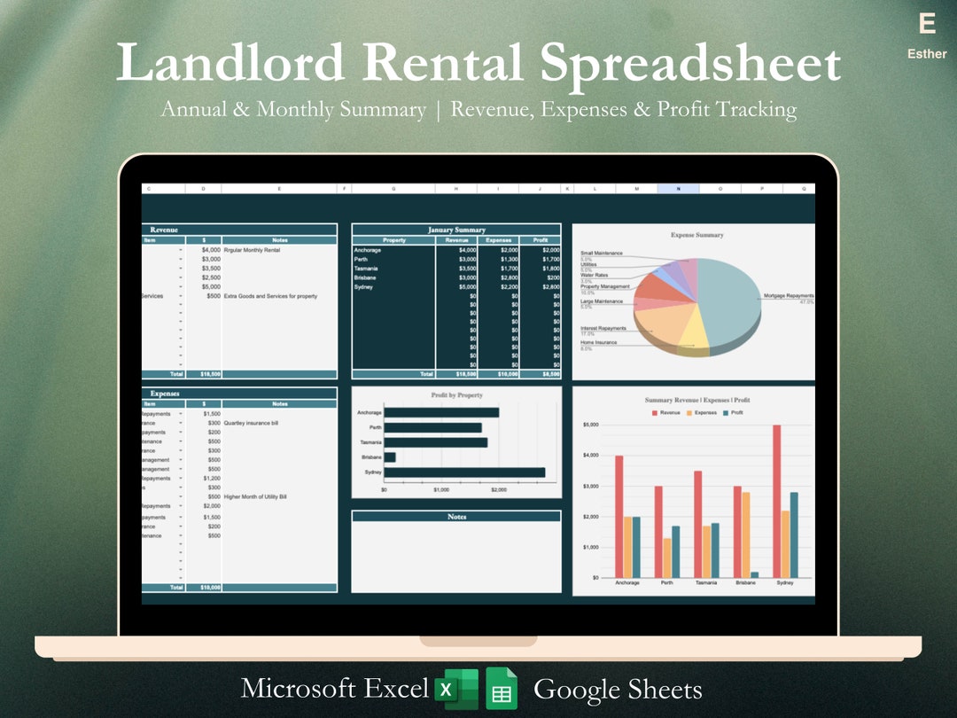 Landlord Property Rental Spreadsheet | Excel & Google Sheets | Track ...