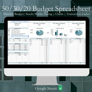 Puede incluir: Una pantalla de ordenador que muestra una hoja de cálculo de Google Sheets titulada "50/30/20 Budget Spreadsheet". La hoja de cálculo está dividida en cuatro secciones: Resumen mensual, Necesidades, Deseos y Ahorros. Cada sección incluye un resumen del presupuesto, un gráfico y un rastreador de transacciones.