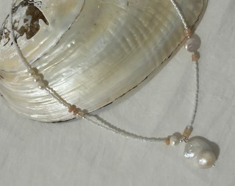 Opal and peach aventurine heishi gemstone, baroque pearl necklace