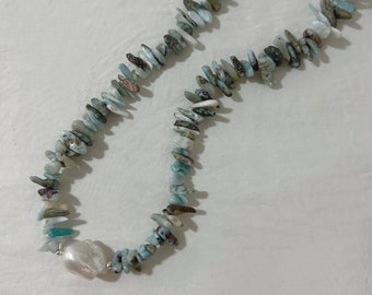 Baroque pearl, larimar necklace