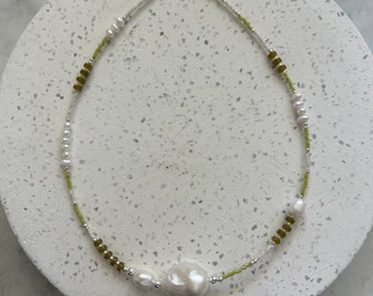 Baroque pearl, southern jade gemstone and miyuki seed bead necklace