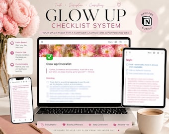 Pre-filled Glow Up Checklist &  Blank Customizable Planner | Notion Template | Digital Download