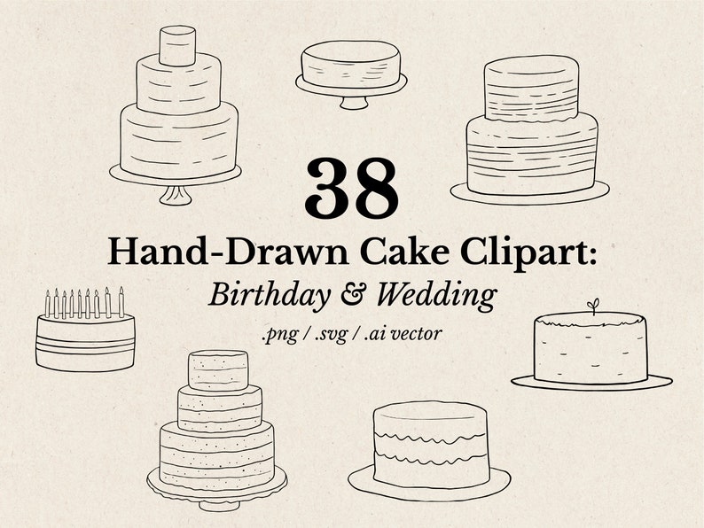 Hand-drawn Cake Clipart Pack: 38 Birthday & Wedding Cakes Birthday Cake