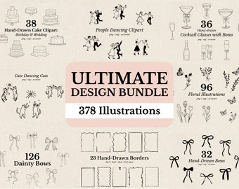 Ultimate Hand Drawn Design Bundle: 378 Illustrations for Wedding Invitations, SVG Clipart Bundle, Save the Date, Design Elements, PNG Assets